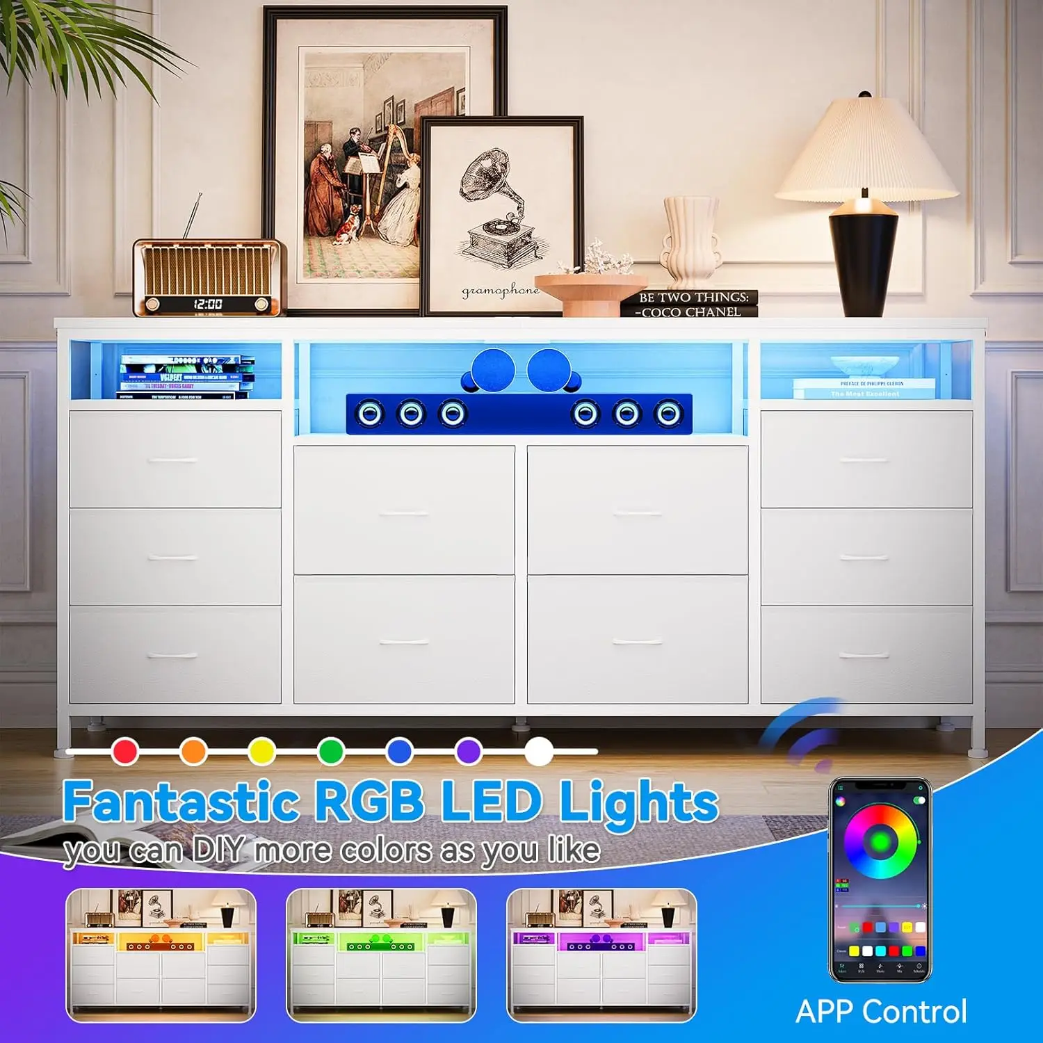 حامل تلفزيون 10 أدراج لتلفزيون 65 70 75 بوصة، 63 بوصة عرض خزانة قماش طويلة مركز ترفيه، خزانة ذات أدراج لـ Be