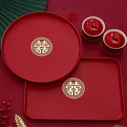 1Pcs Wedding Banquet Red Tray Durable Decorative Snack Fruit Toast Chinese Traditional Plate Festive Supplies Plastic Xi Tray