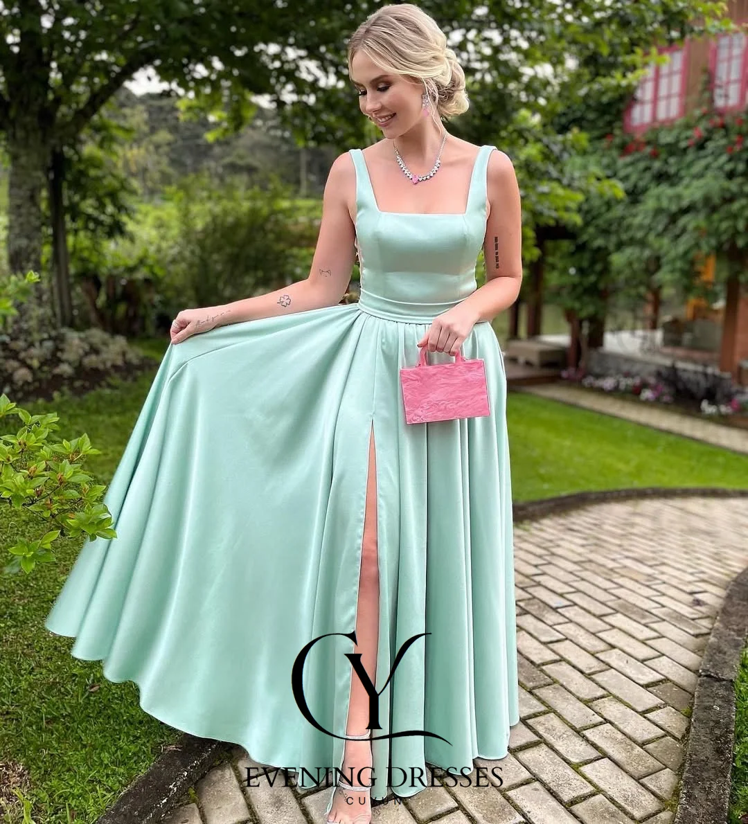 CUYUN vierkante kraag mouwloze zijhoge split galajurk satijnen avondjurken op maat gemaakte A-lijn feestjurk 2025