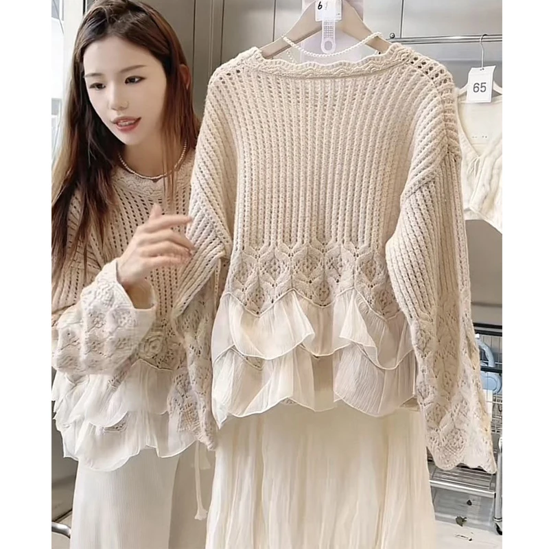 Women's Stylish Vintage Hollow 3D Flower Mesh Patchwork Chic Knitted Sweater Sweet Casual O Neck Long Sleeve Loose Pullover Tops