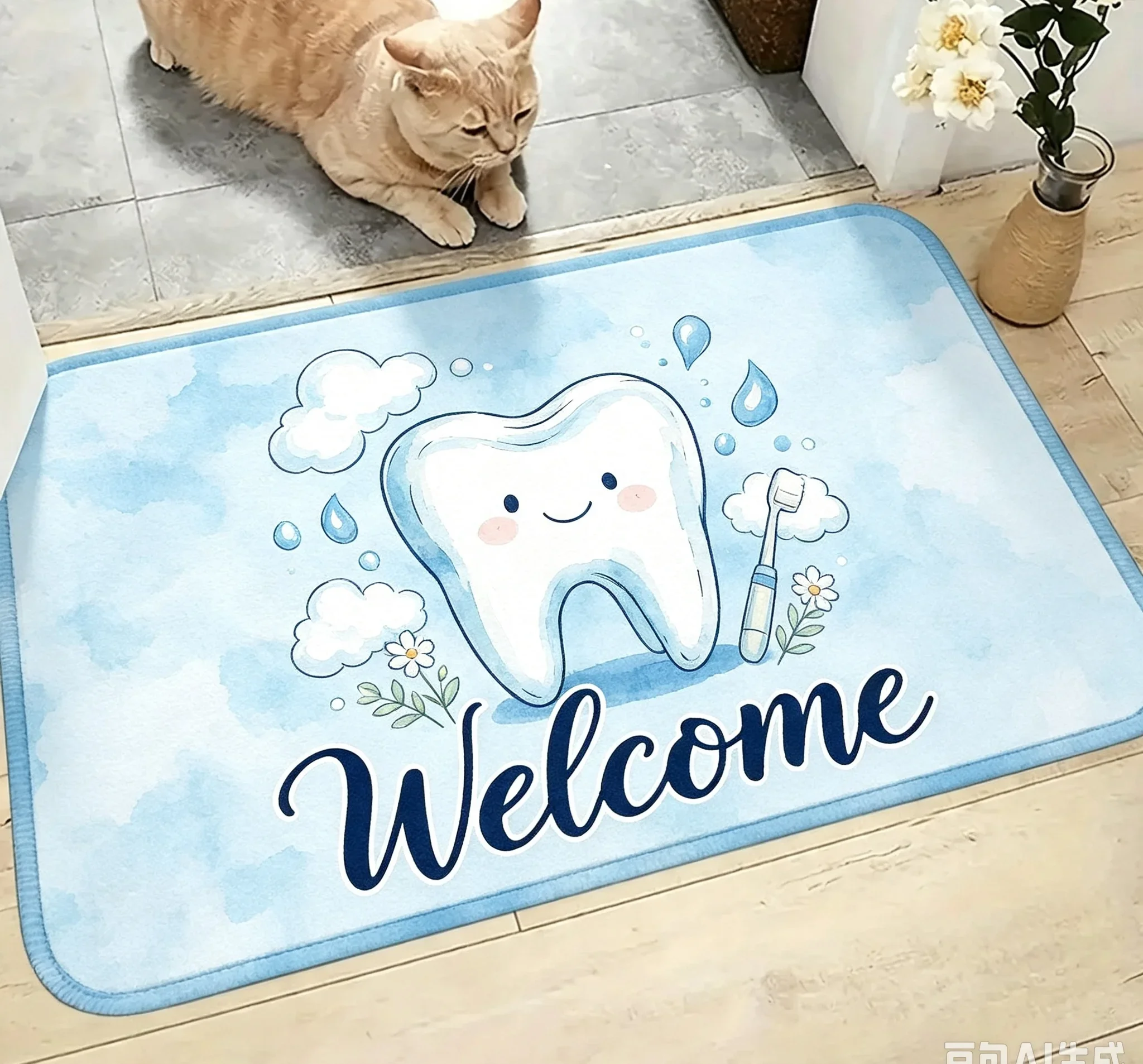 Cute Tooth Toothbrush Cloud Fresh Dental Rug For Clinic Or Bathroom Playful Design Non Slip Welcome Floor Mat