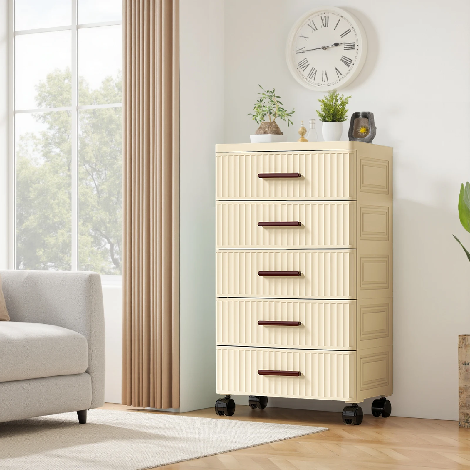 Plastic 5‑Drawer Storage Cabinet, 48cm Wide Fluted Chest of Drawers, Mobile Rolling Storage Organizer Cart with Wheels for Bedroom Living Room Home