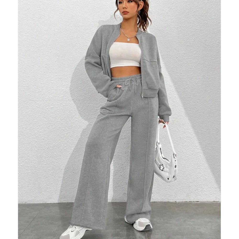 Casual Solid Color Hoodie And Pants Set For Autumn 2024 New Cardigan Zipper Slim Fit Elastic Two-piece Sets For Women Streetwear