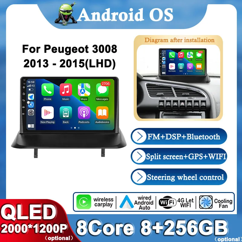 

For Peugeot 3008 2013 - 2015 LHD Wireless Carplay Android 14 Car Multimedia Player DSP Stereo GPS Navigation Touch Screen 4G BT