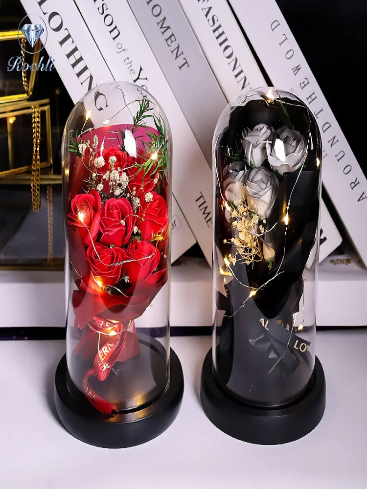 Ewiger Rosen-LED-Glaskuppel-Blumenstrauß, romantisch beleuchtete Verzierung, perfektes Valentinstag, Weihnachten, Heimdekoration, romantisches Geschenk – Detail 1