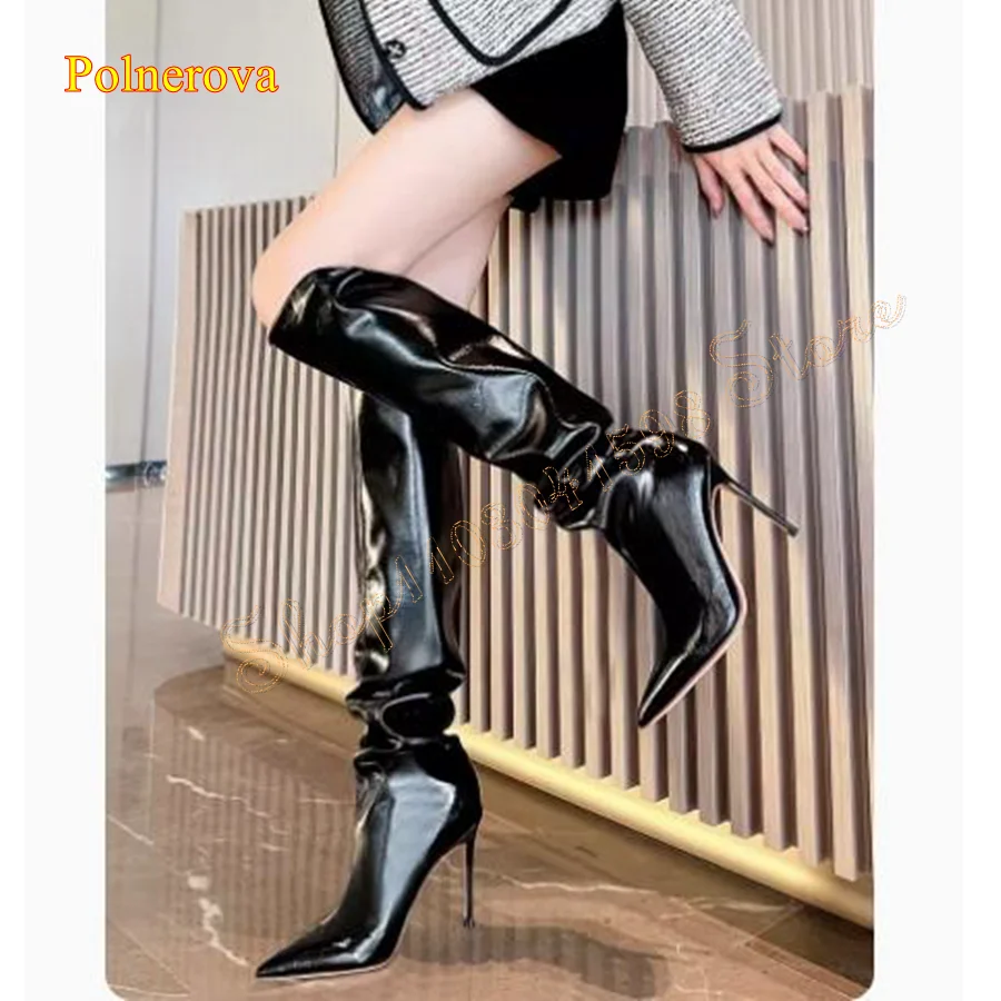 Sexy Black Leather High Heel Boots,Pointed Toe Stiletto Knee High Boots Shopping Party Women Boots 2024 New Zapatos Para Mujere