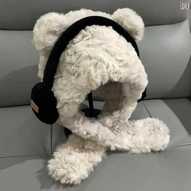 Plush Bear With Headphone Hat Hooded Cap Set 2 in 1 Winter Warm Plush Fleece Scarf Windproof Outdoor Cosplay Accessories