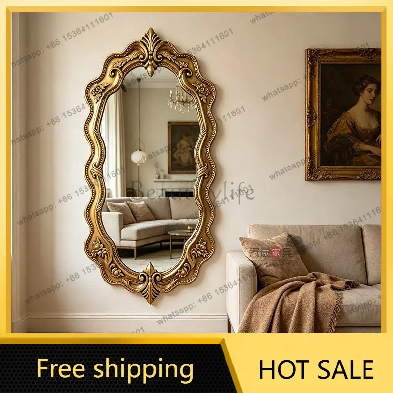 American retro full-length mirror wall-mounted carved French luxury bedroom European light luxury special-shaped mirror