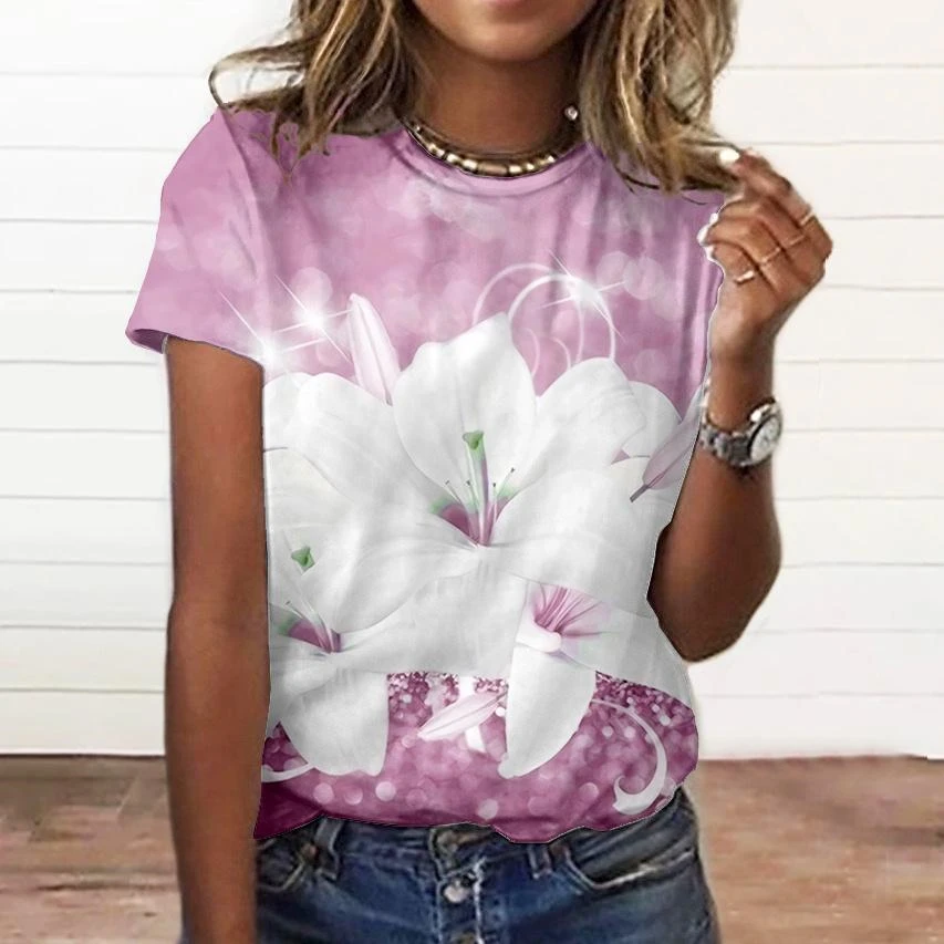 Camiseta con estampado Floral 3d para mujer, Tops de talla grande, ropa para todos los días, camiseta de manga corta para mujer