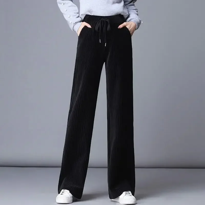 Winter Velvet Wide Leg Pants Women New Baggy Thicken Lace Up Straight Sweatpants Plush Liend Warm Pantalones High Wasit Spodnie