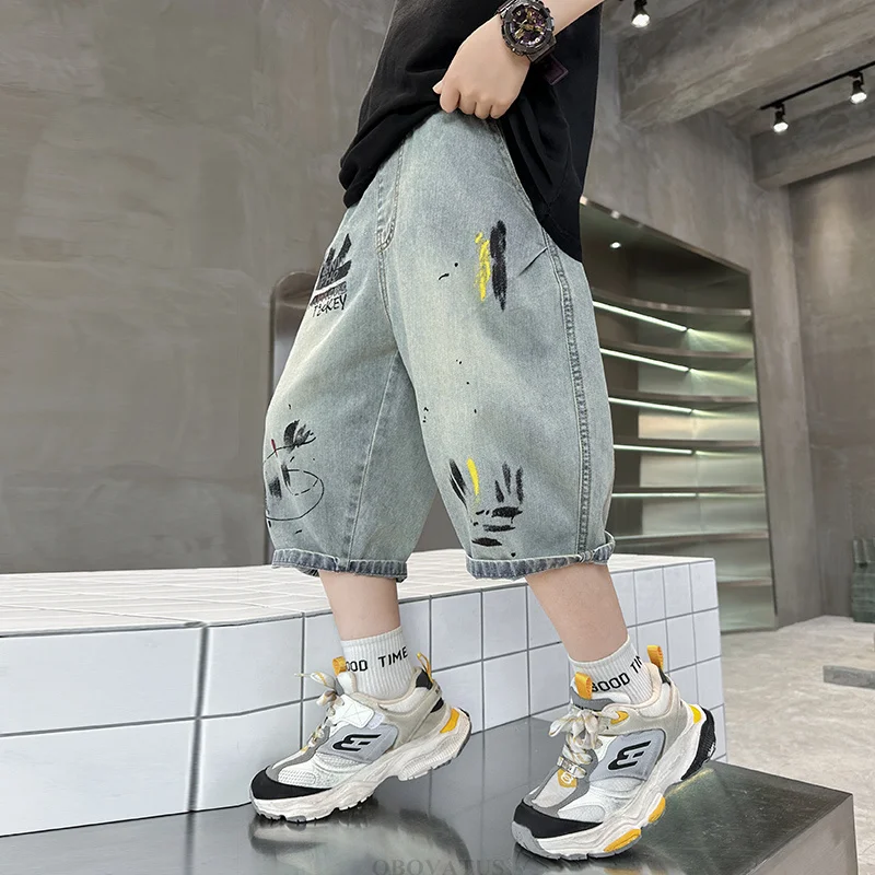 Korean Kids Denim Shorts With Drawings For Boys High Waisted Slim Fit Retro y2k Graffiti Print Fashion Summer Shorts For Child