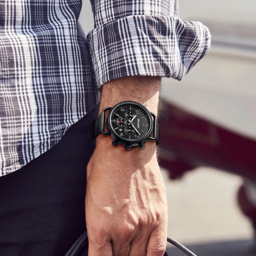 MEGIR Luxury Men's Watches Waterproof Luminous Quartz Wristwatch Steel Mesh Band Leisure Business Men Clock Chronograph Relogio