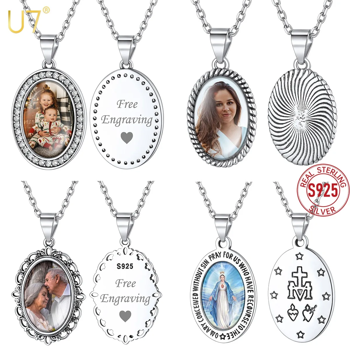 U7 925 Silver Custom Oval Photo Pendant Necklace for Women  CZ Halo Virgin MaryPattern Family Pictures Personalized Jewelry Gift