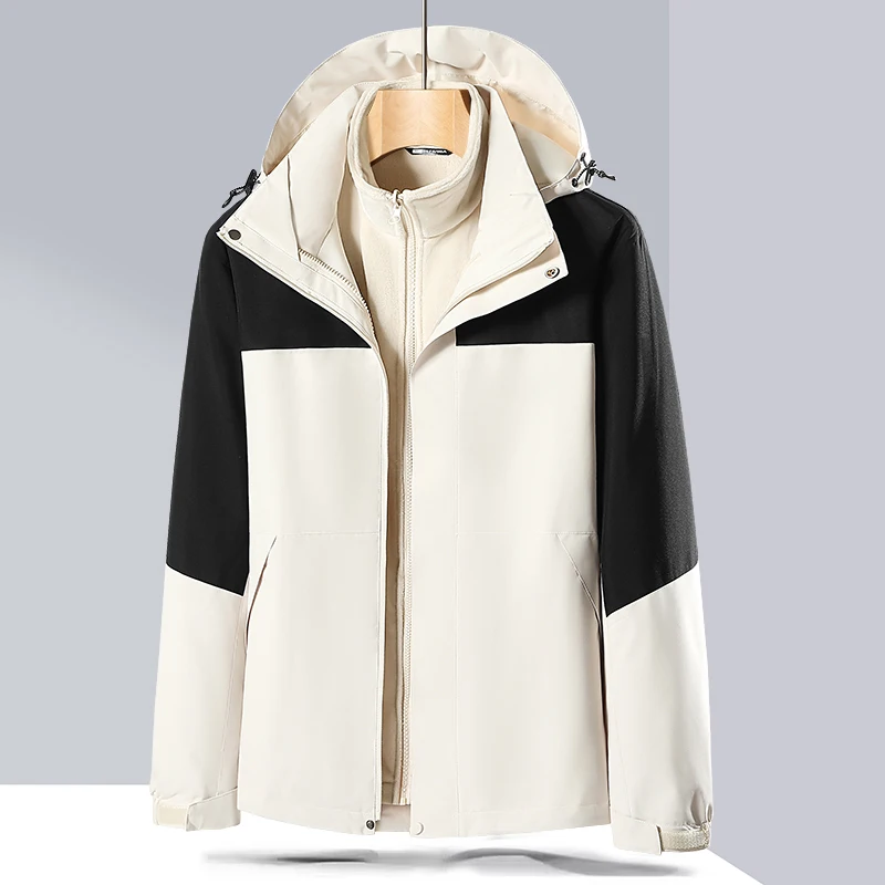 

Autumn Winter 3-in-1 New Casual Waterproof Windbreaker Raincoat Outerwear Men Lightweight Outdoor Coat Warm Hiking Hooded Jacket