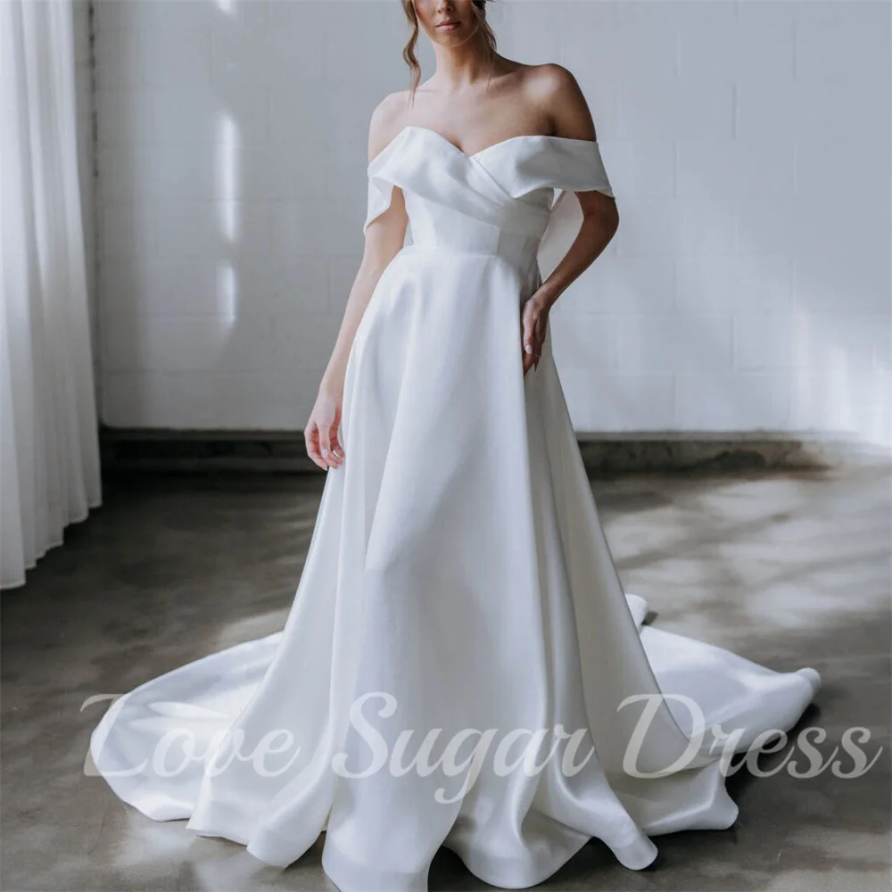 

Elegant Off Shoulder Wedding Dresses A Line Long Satin Bridal Gowns V Neck Bride Dress Customsized Plus Size vestidos para mujer