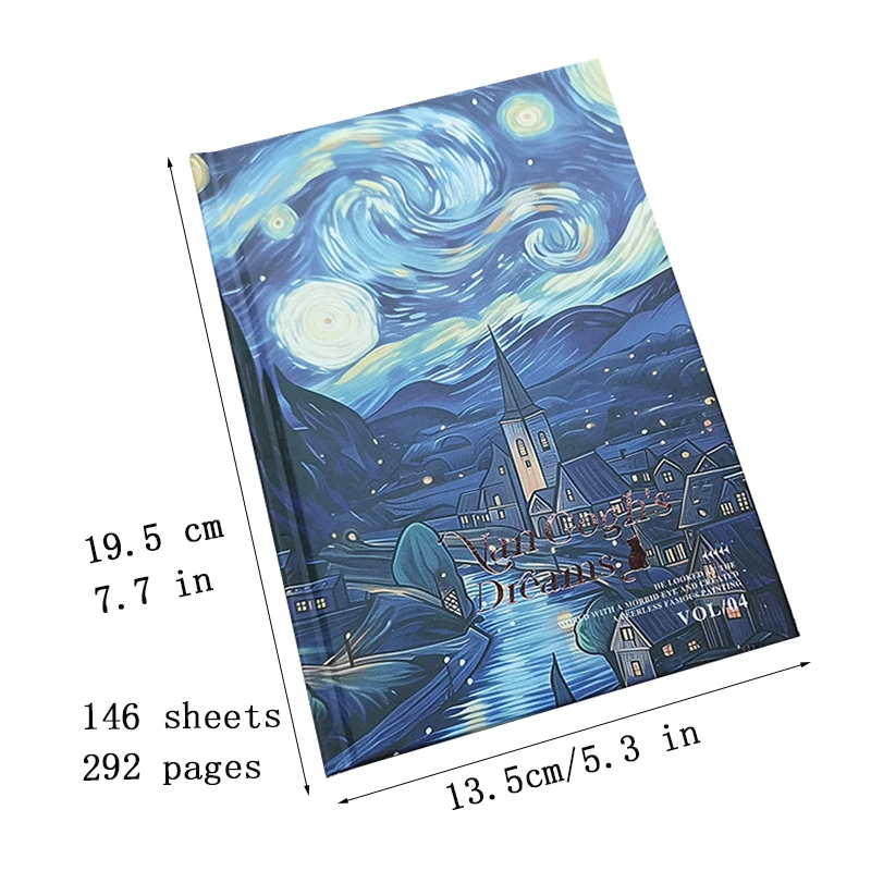 Van Gogh\'s Dream Starry Sky Notebook 146 Pages Thickened Notepad Full Color Page Fun Cartoon Kitten Illustration Diary