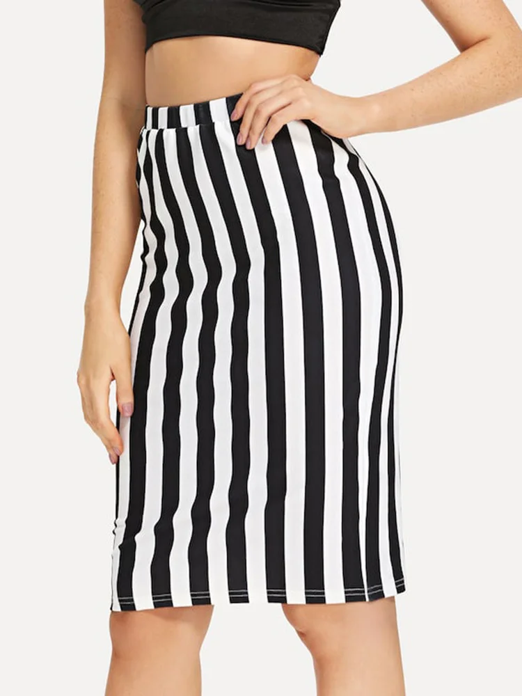 

Women Pencil Summer Bodycon Spring High Waist Elastic Female Black White Striped Printed Skirts