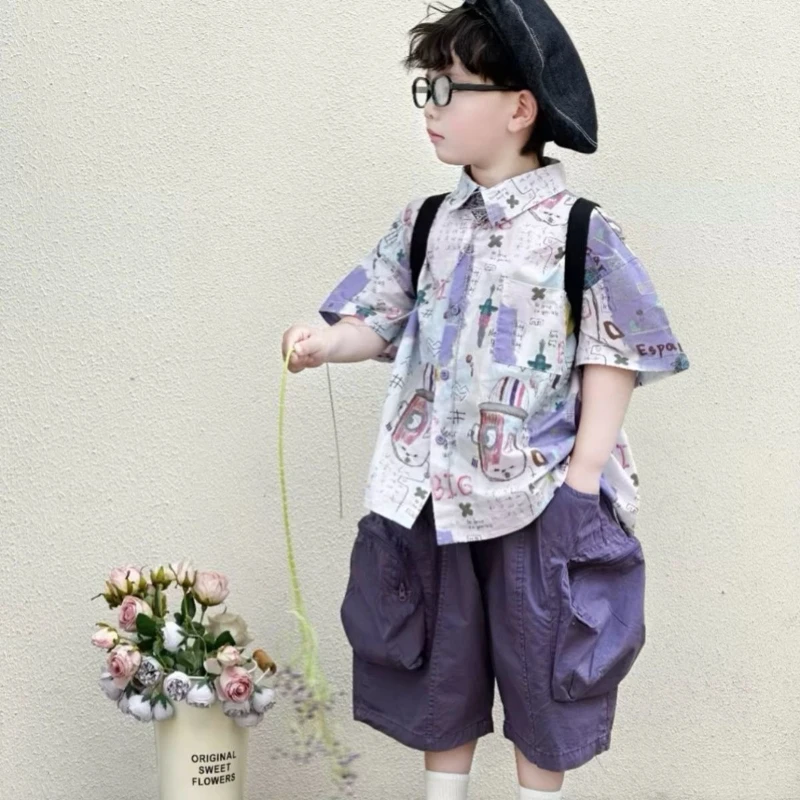

Boys' Summer Stylish Shirt Suit 2025 New Short-Sleeve Shirt and Shorts Two-Piece Set