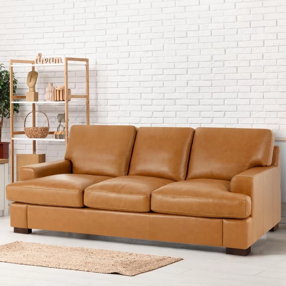 Genuine Leather Sofa - Luxurious Comfort, Goose Feather Cushion Filling, Square Arm Design, Sturdy Block Legs, Living Room Sofas