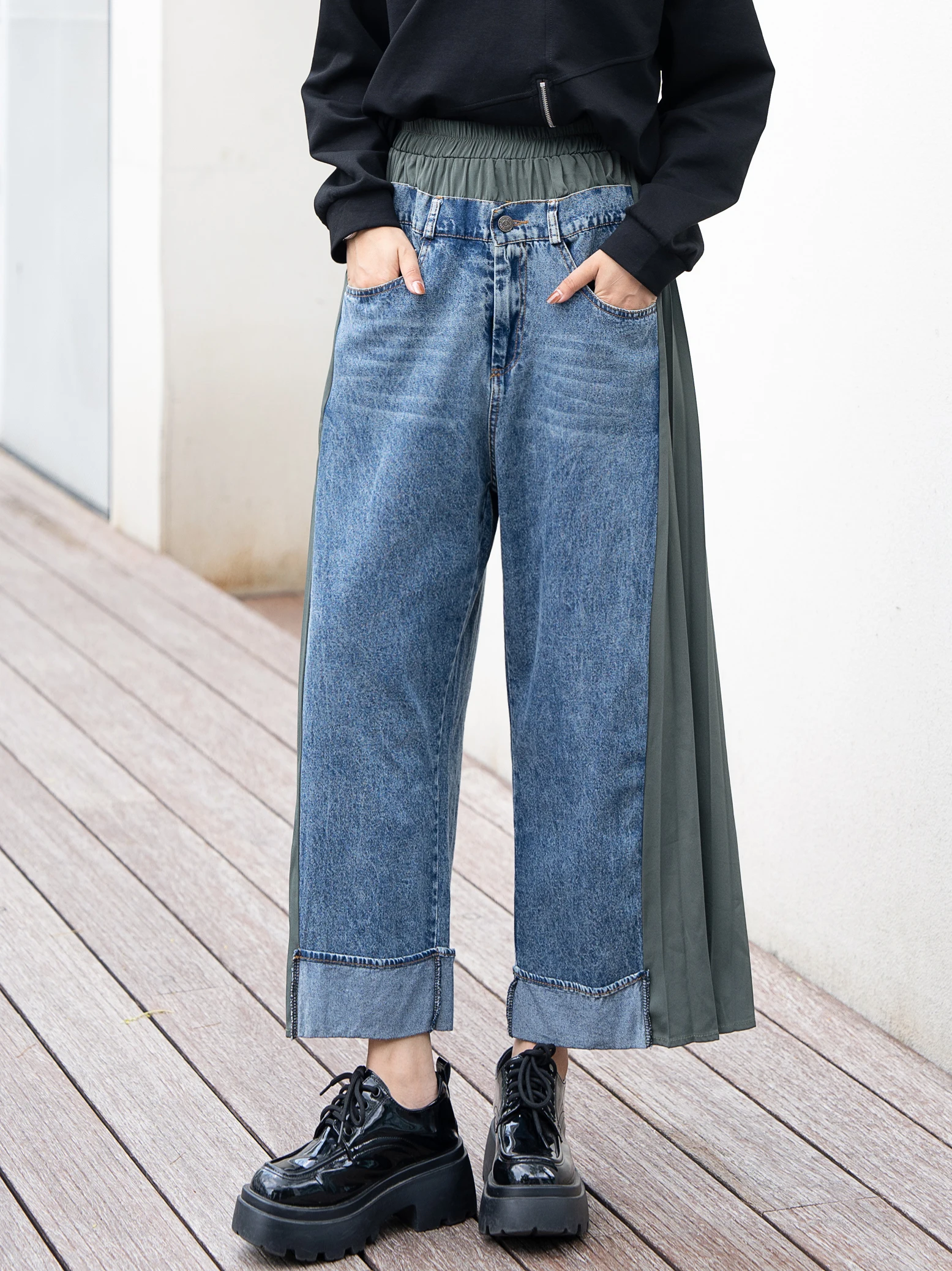 220528 Streetwear Style Fashion Elastic Waist Denim Stitched Pleated Chiffon Wide Leg Pants Loose Female Autunmn