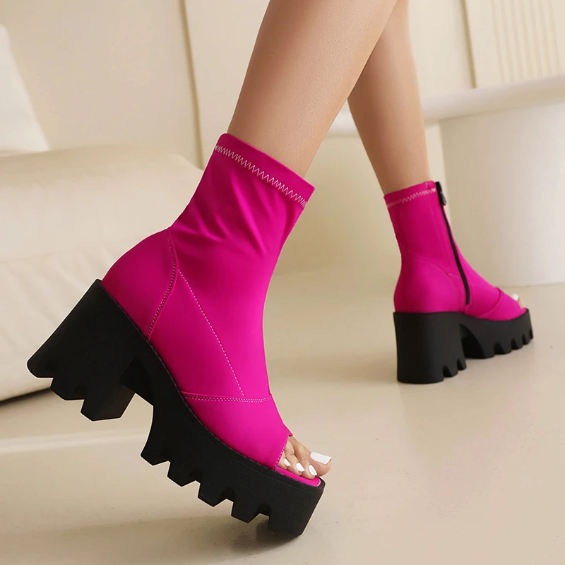 Purple Lycra Material Thick Heel Flatsole Elevated Peep Toe Shoes Platform Side Zipper Breathable Summer Women\'s Short Boots