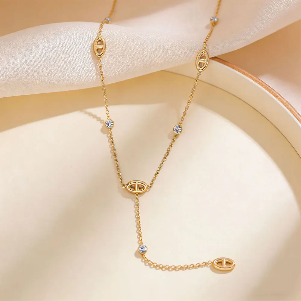Premium 316L Edelstahl Lange Halskette Trendiger Schweinenasen-Stil Y-Form Anhänger Wasserdichte Halskette für Frauen Mädchen Schmuck – Detail 4