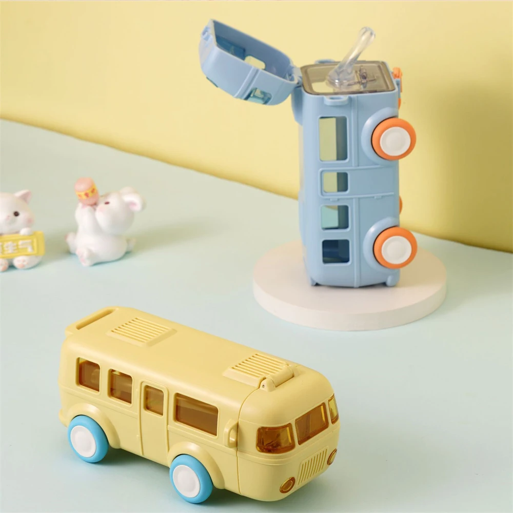 Children Creativity Bus Water Bottle Outdoor Kettle Car Shape Water Cup Coasting Car Straw Water Cup Drinkware Birthday Gift