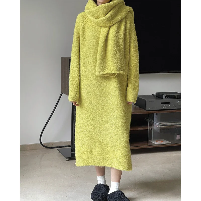 

Winter New Korean Style Lazy Wool Loop Yarn Sweater Dress Loose Warm Soft Mid-Length Dress Women