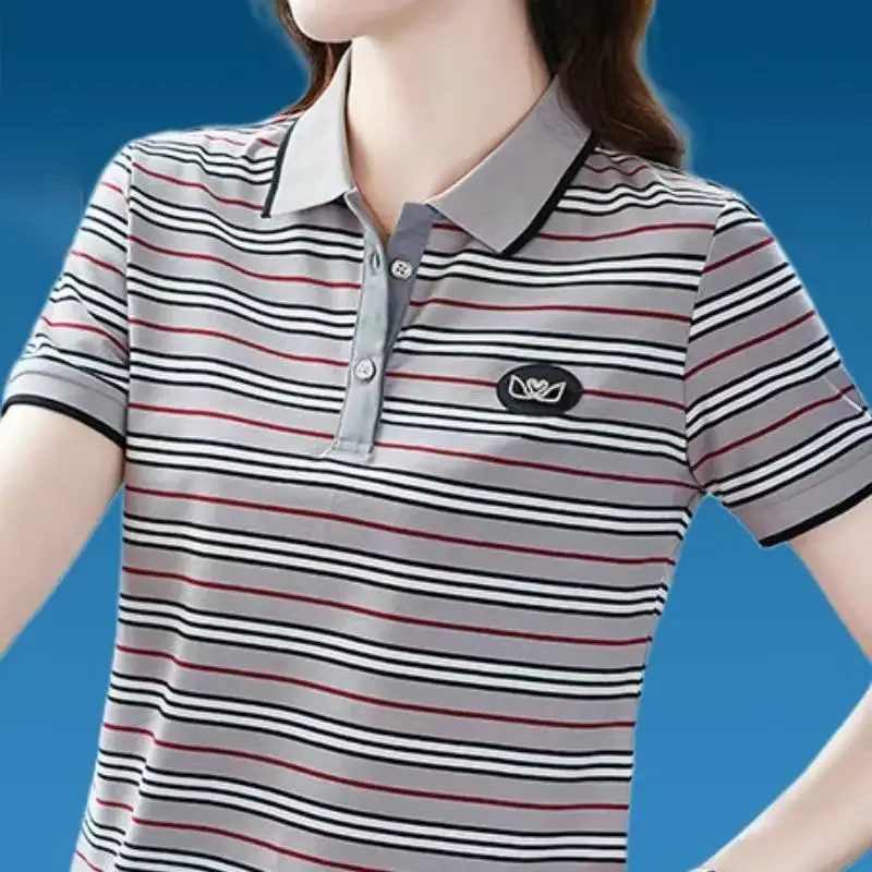 2023 New Turn-down Polo Collar Striped Short Sleeve T-shirt Women\'s Summer Loose Patchwork Embroidery Button Fashion Tops