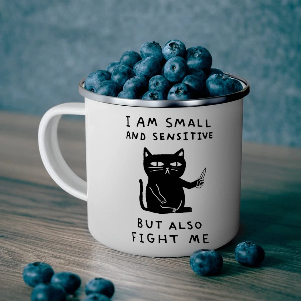 i am small and sensitive but also fight me enamel mug cat lover friends gift mug wife and husband gift mug