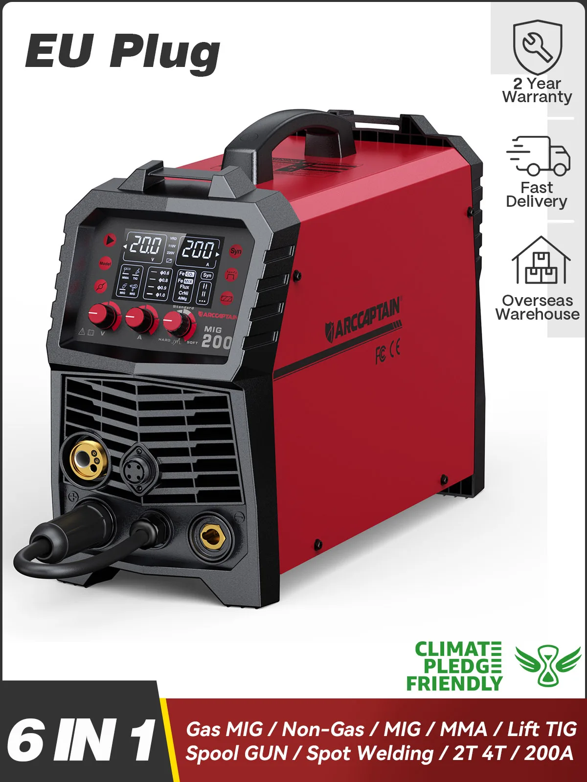 ARCCAPTAIN MIG-Schweißgerät 6-in-1 220V 200A Inverter IGBT Halbautomatisch MMA Lift TIG Gas/Gaslos MIG 2T 4T für Heimwerker