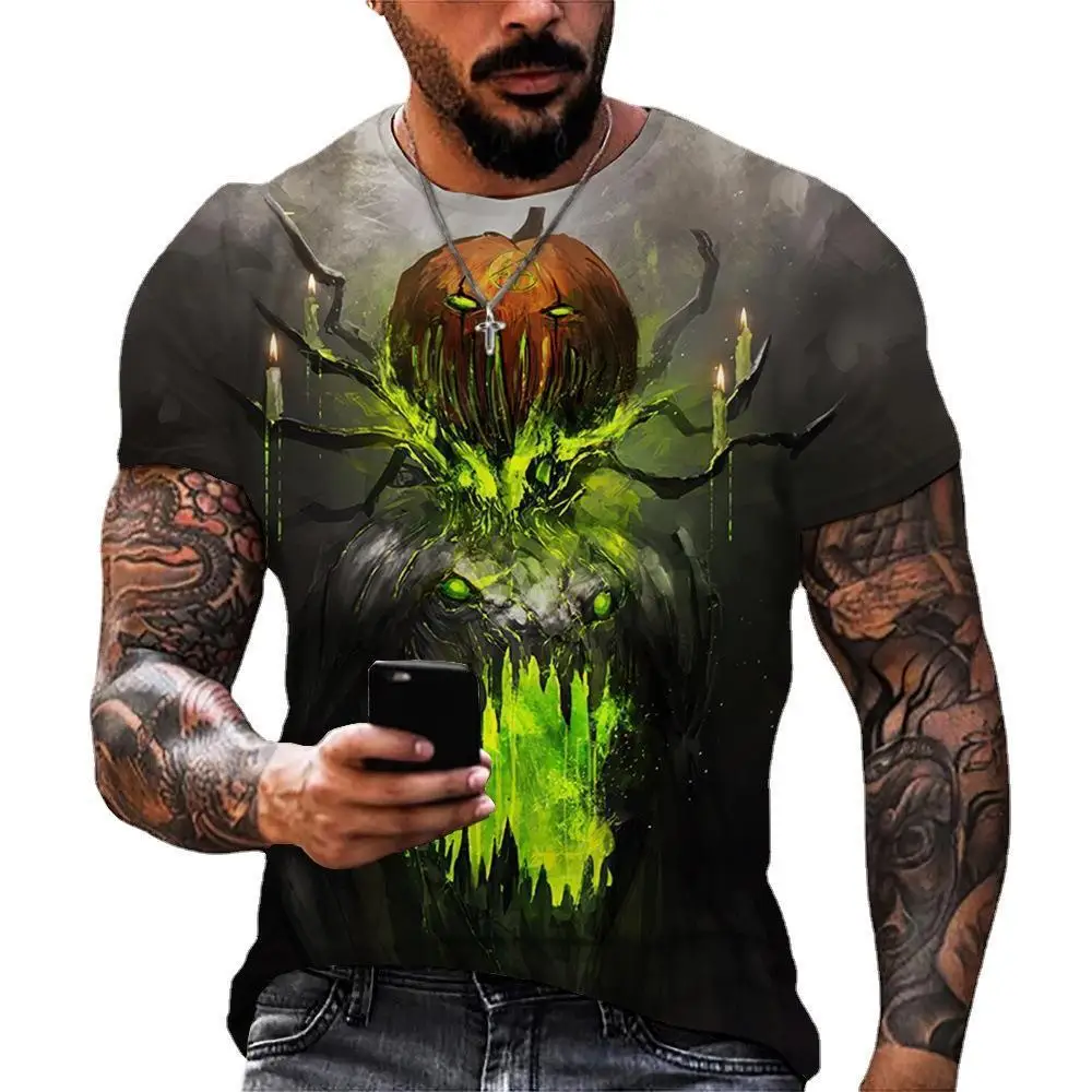 Men Halloween Horror 3D Print Short Sleeve T‑Shirt Pumpkin Ghost Skull Reaper Graphic O‑Neck Casual Party Tee Tops