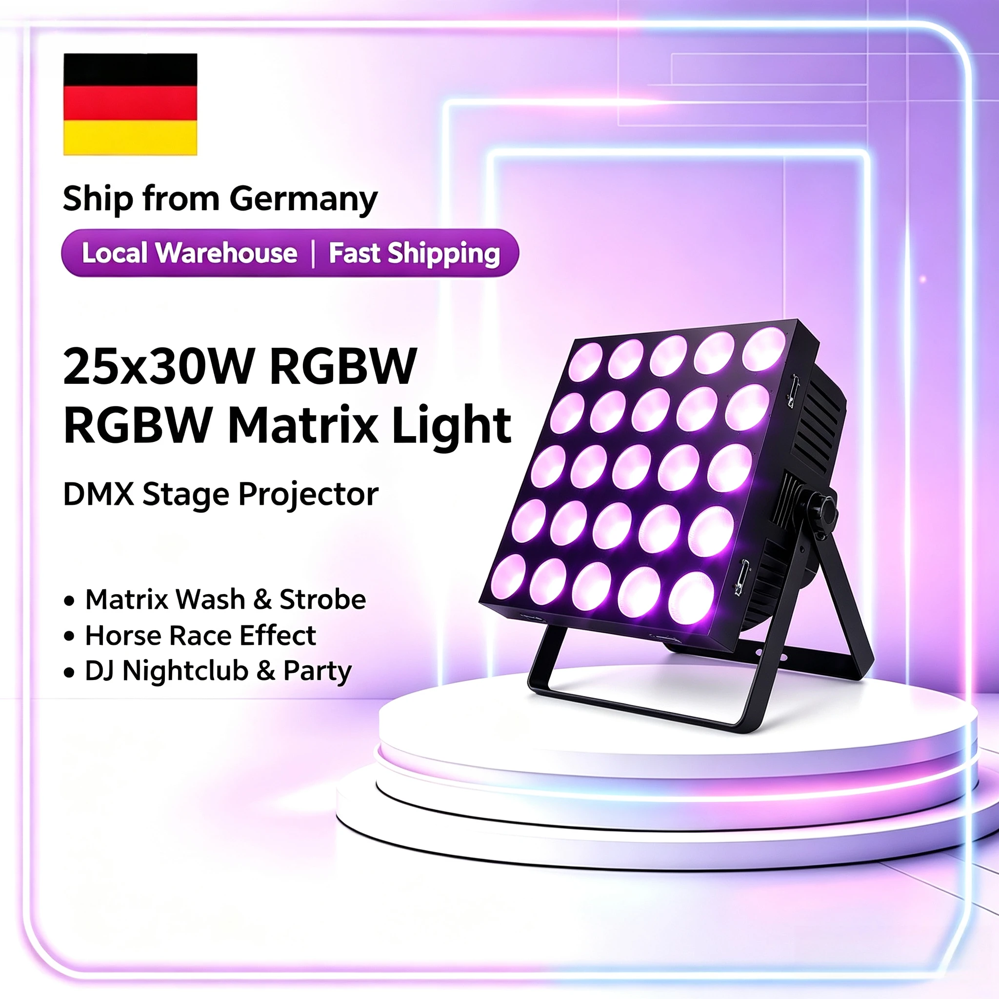 Projecteur de scène DMX 25x30W RGBW avec effet matriciel, effets de lumière uniforme et stroboscopique, effet de course de chevaux, idéal pour les DJ, les boîtes de nuit, les fêtes, l’éclairage de sol, les bars et les effets de fond.