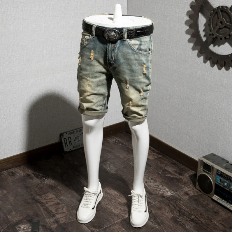 Summer Retro Distressed Stretch Ripped Denim Shorts Men's High-End Street Trend Men's Clothing Slim-Fitting Biker Pirate Shorts