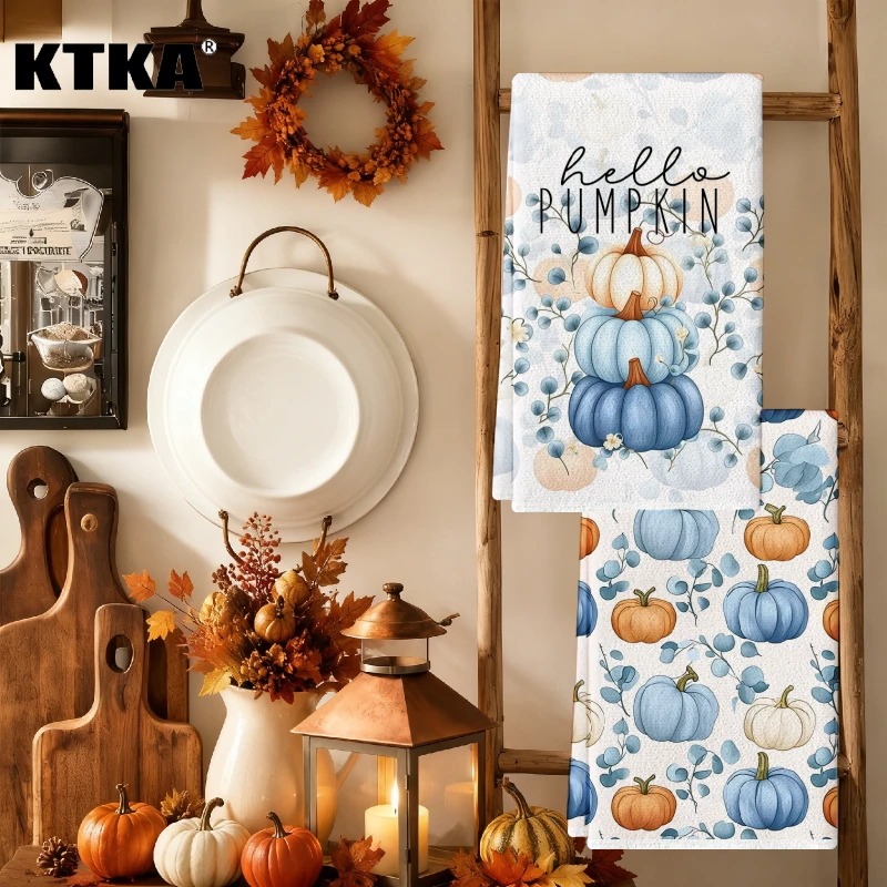 2Pcs Blue Pumpkin Kitchen Towels Fall Harvest Absorbent Cleaning Cloth Winter Home Goods Christmas Gift Decor
