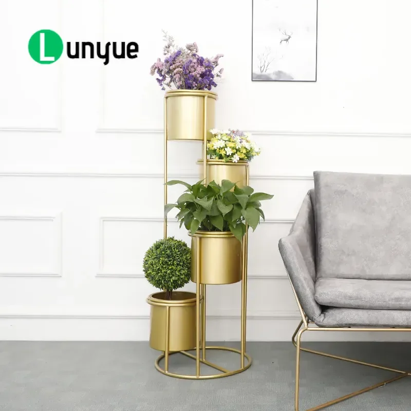 Gold Wrought Iron Flower Stand Multi Layer Floor to Ceiling Plant Rack for Living Room Balcony Corner Green Pothos Decor