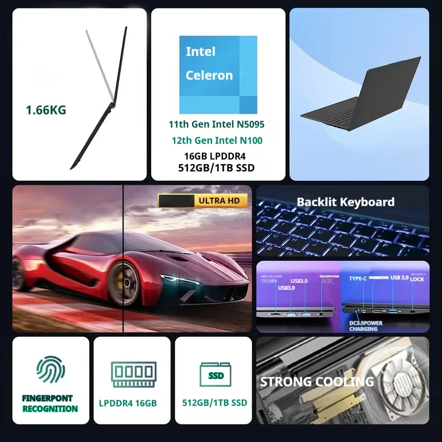 SUXI MantaBook Pro أفضل كمبيوتر محمول للمكتب بجيت |   عرض IPS مقاس 15.6 بوصة |   ذاكرة الوصول العشوائي 16 جيجابايت + 256 جيجابايت SSD |   إنتل N5095 |   مستشعر بصمات الأصابع