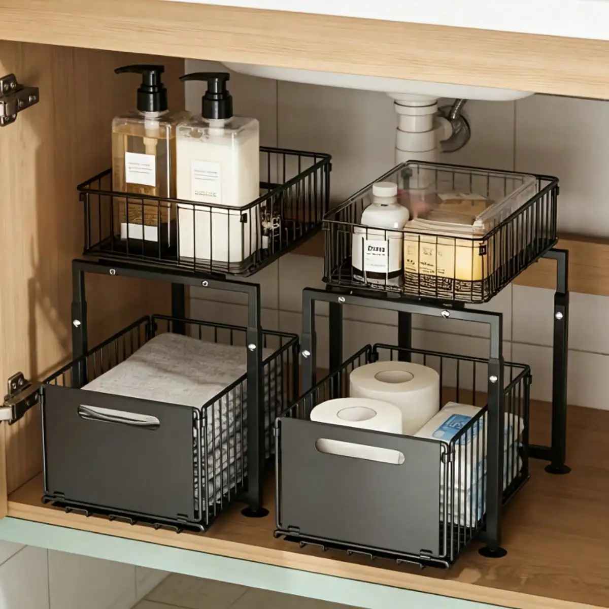 2-Tier Pull Out Cabinet Organizer, Heavy-Duty Carbon Steel Sliding Storage Shelf With Adjustable Shelves, Hooks & Slide Drawers, Space Saving Under Sink Rack For Kitchen & Bathroom, Holds Utensils, Spices And Cleaning Supplies, Easy To Install