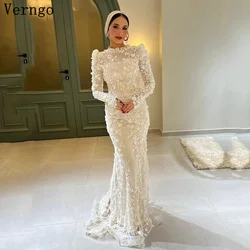 Verngo 3D Flowers Tulle Bridal Gown HIgh Neck Full Sleeves Wedding Dress Luxury Muslim Elegant Formal Bride Dresses Customized