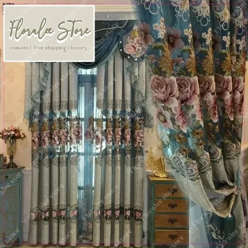European Style Embroidered Blue Tulle Window Curtains For Living Room Bedroom Dining Luxury Retro Partition Door Drapes Decor