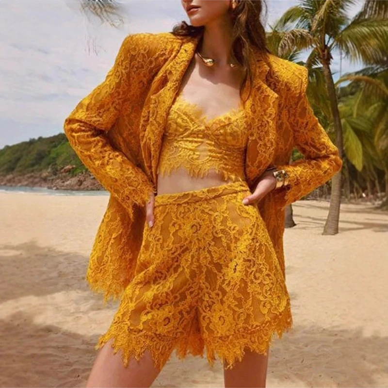 

Solid Spliced Lace Three Piece Sets for Women Lapel Long Sleeves Jacket Sheer Vest High Waist Shorts Set Female New