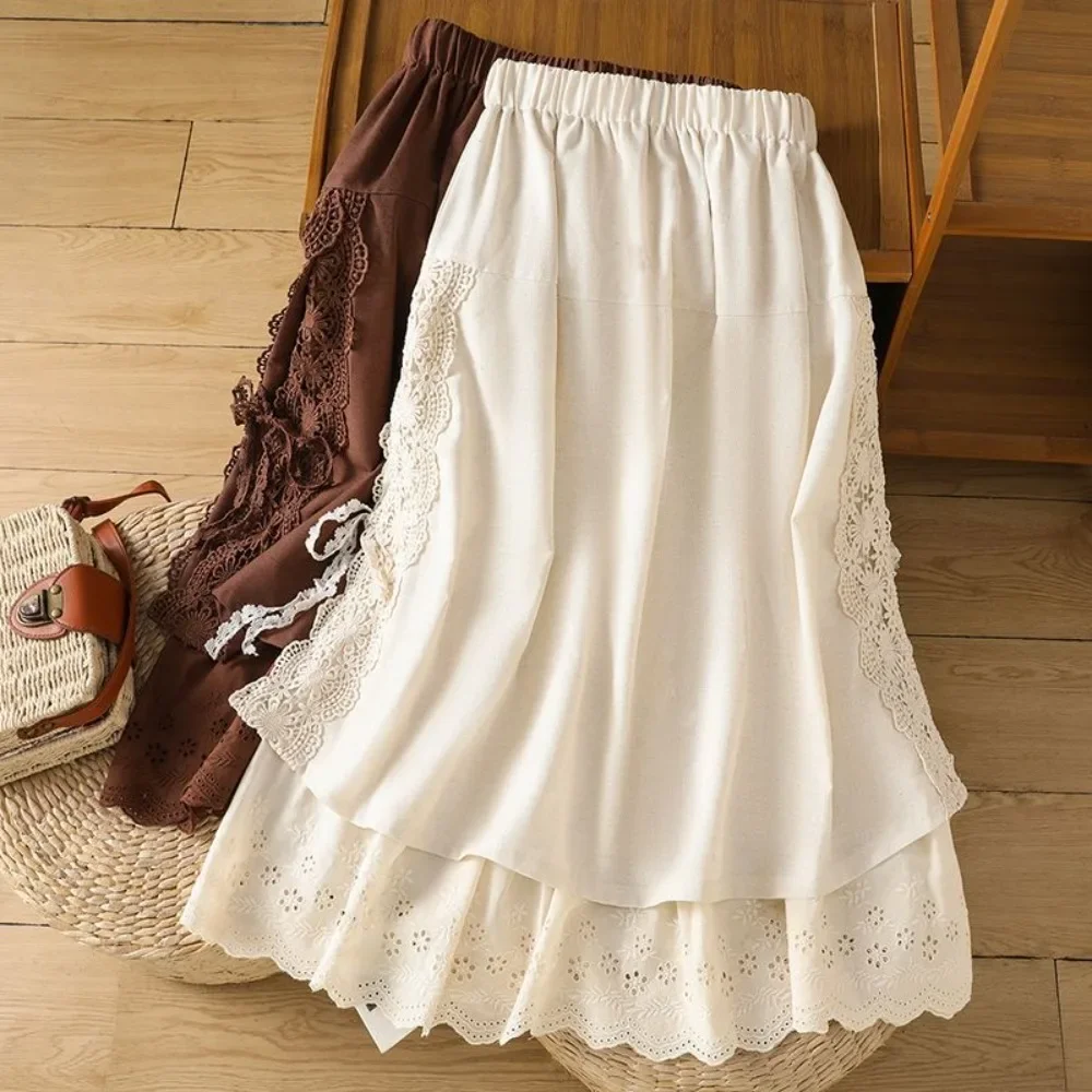 Women New Spring Cotton Linen Embroidered Midi Skirt Elastic Waist Patchwork Lace Trim A Line Flattering Literary Casual Daily