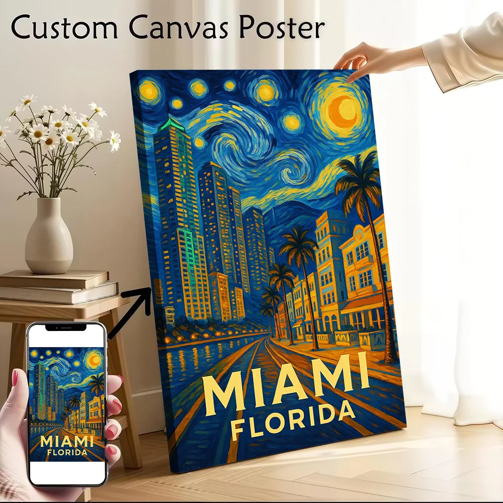 Miami Florida Van Gogh Style Painting Poster Canvas Wall Art Personalized Print Modern Painting Perfect Gift for Home Decor Arts