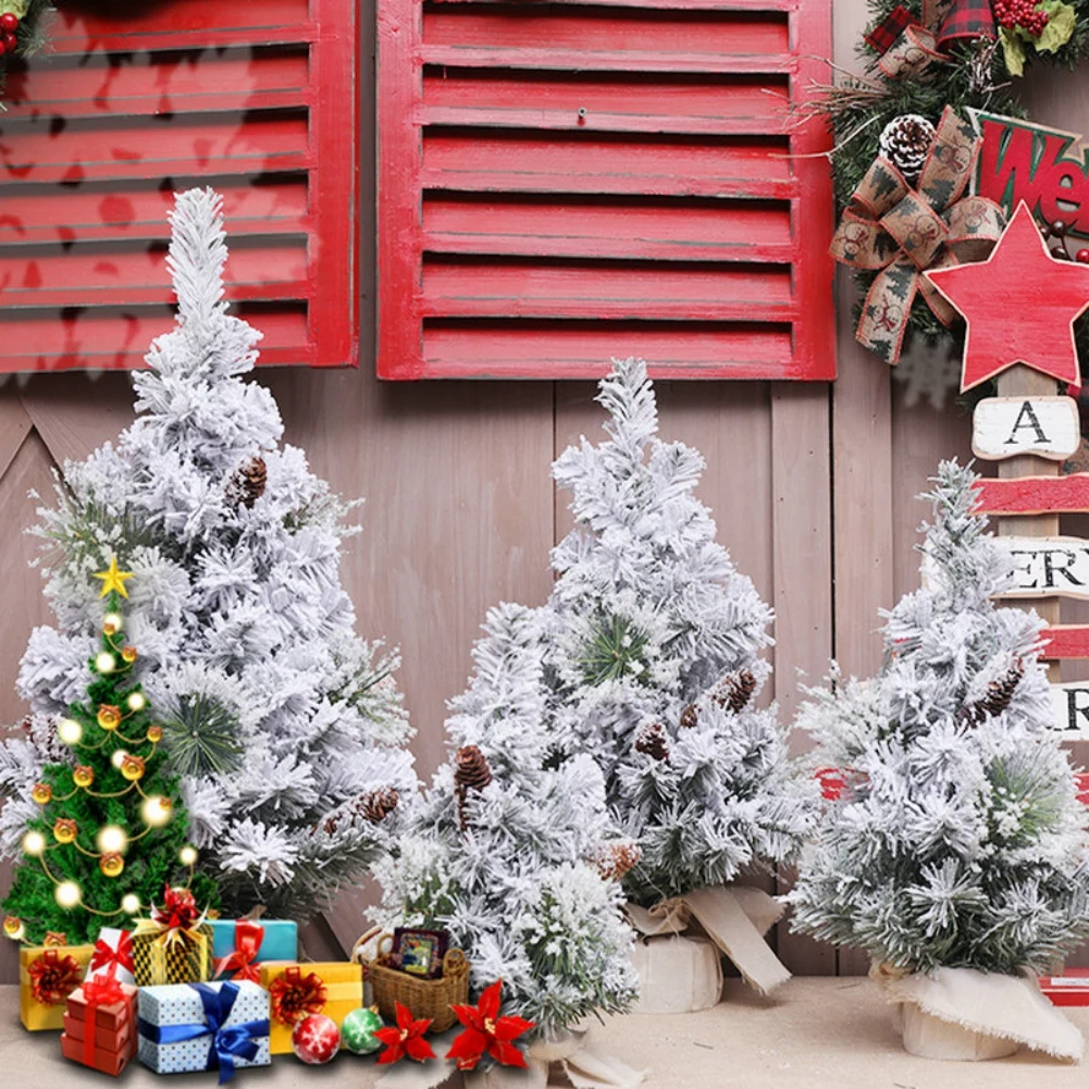 

Christmas Tree Pre-lit Artificial Mini Flocked Tree Burlap Base Indoor Office Snow Flocked Tabletop Christmas Trees