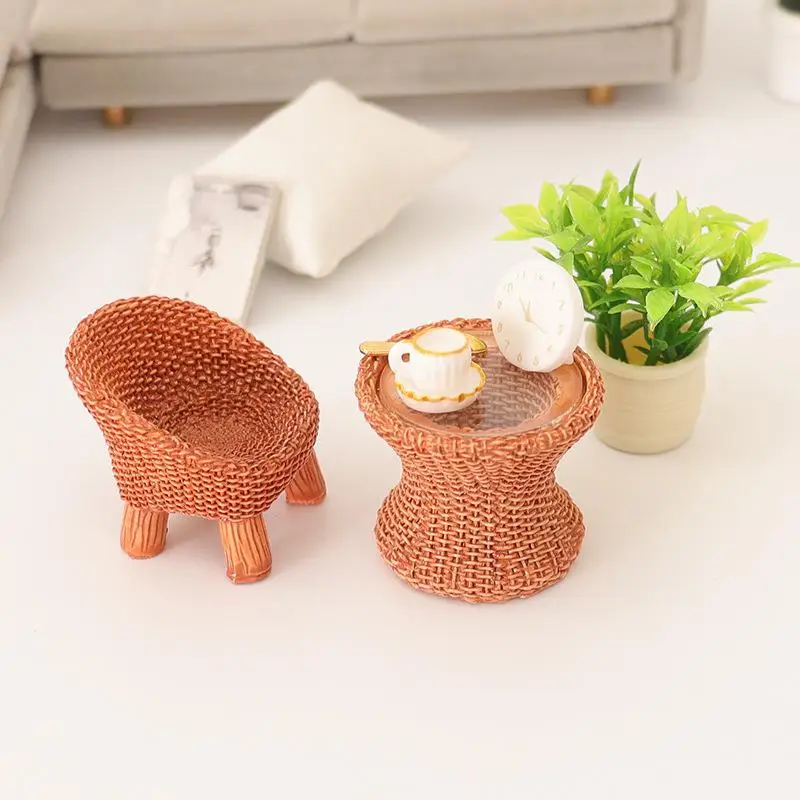 3 szt./zestaw Miniaturowy bambusowy okrągły stół z krzesłami i zieloną rośliną, model miniaturowy, symulacja, dekoracja sceny domowej, meble, ozdoba