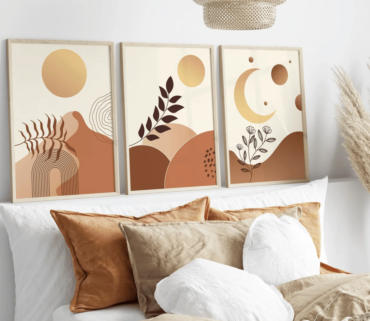 3Pcs Boho Sun Moon Canvas Prints, Terracotta Botanical Posters, Minimalist Abstract Pictures Living Room Bedroom Decor