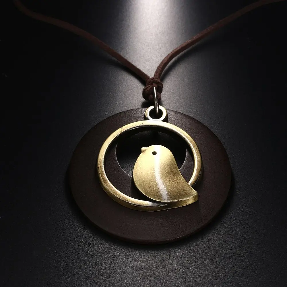 Vintage Wooden Bird Pendant Necklaces Boho Ethnic Style Metal Hollow Necklaces Retro Long Sweater Chain Rope Jewelry for Women