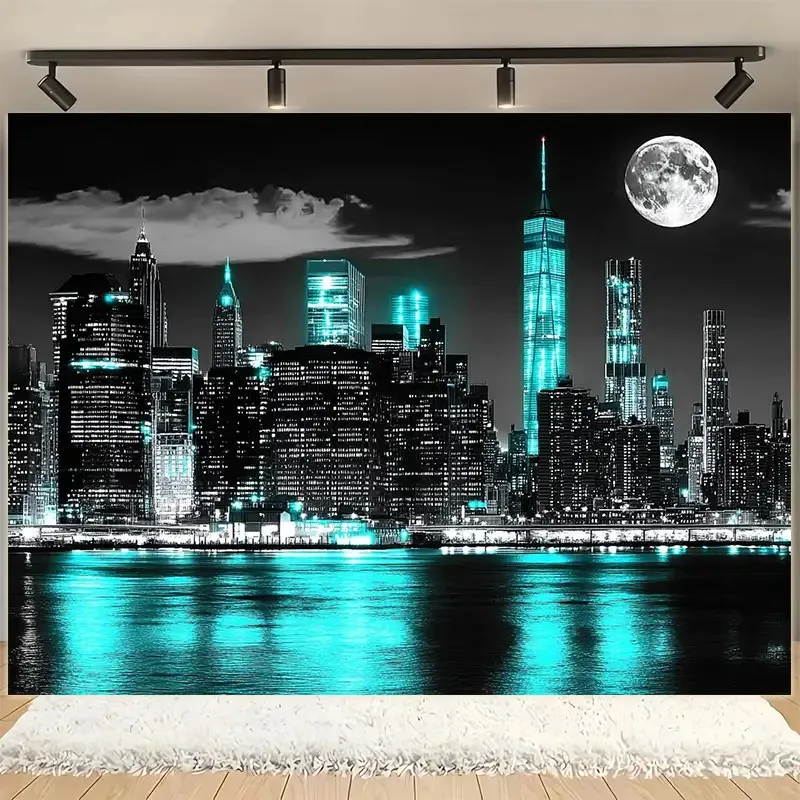 2D Flat 1pc New York City Night Tapestry 2DFlat Wall Hanging Moon Skyline Decor for Living Room Bedroom Modern Art Fabric Poster