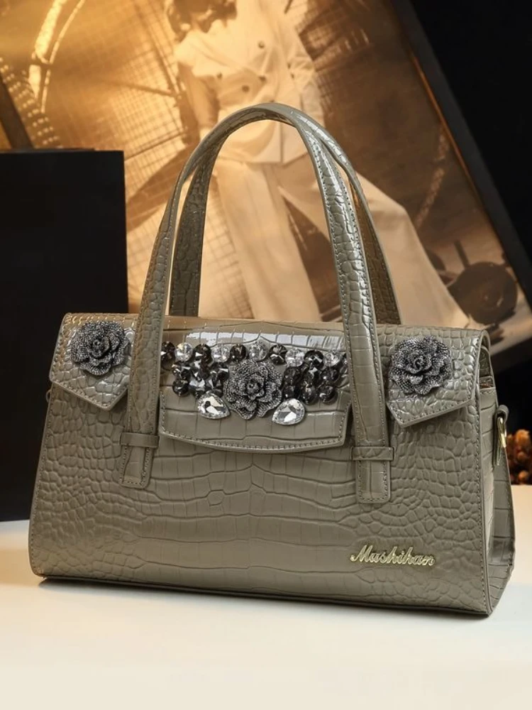 

New Crocodile Pattern Women Bag Leather Set with Diamond Large Bag Fashion Shoulder Handbags for Women