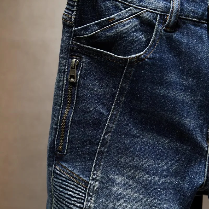 Y2K Italian Fashion Men's Jeans Embroidered, Washed, Nostalgic, Stretch, Slim Fit, Retro Blue Jeans Designer Splicing Pants Homb